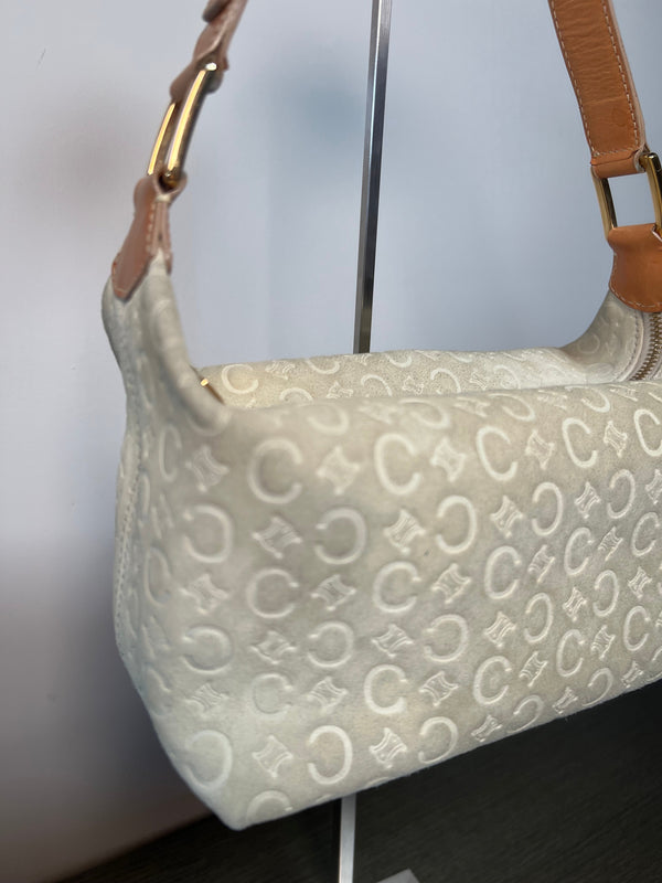Vintage Celine C Monogram Shoulder Bag in White Suede