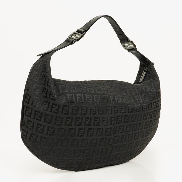 Fendi Zucchino Hobo Shoulder Bag in Black Canvas