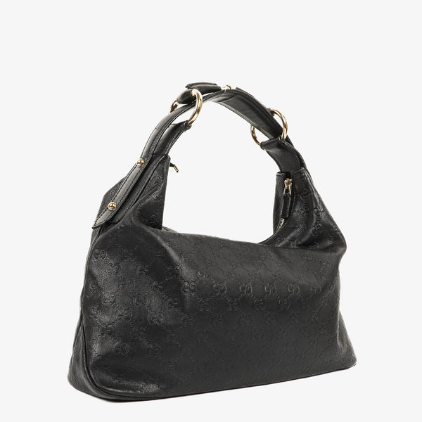 Gucci Guccissima Horsebit Medium Shoulder Bag in Black Leather